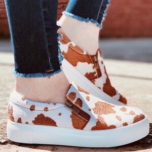 Brown and Cream Cow Print Slip-On Shoes